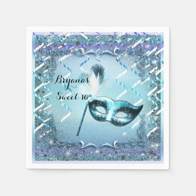 Aqua & Purple Masquerade Mask Elegant Ball Party Napkin (Front)
