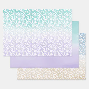 Aqua Purple Ombre Watercolor Leopard Print Wrapping Paper Sheet