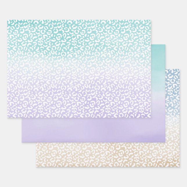 Aqua Purple Ombre Watercolor Leopard Print Wrapping Paper Sheet (Set)