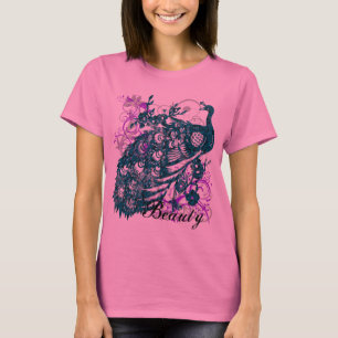Aqua Purple Peacock, Customised Text Design T-Shirt