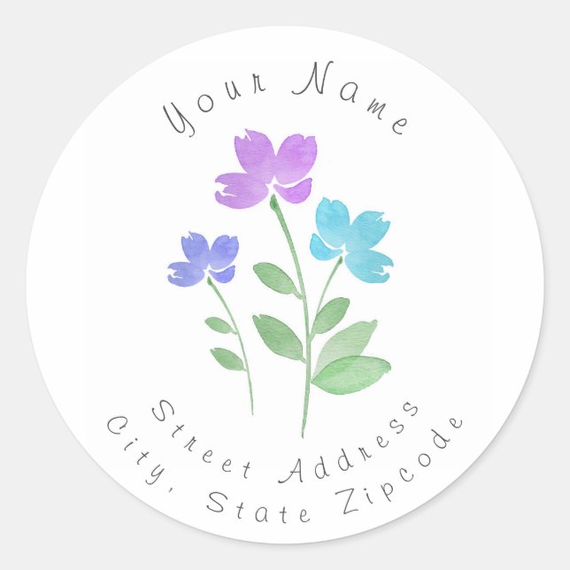 Aqua, Purple, Periwinkle Watercolor Flower Stems   Classic Round Sticker (Front)