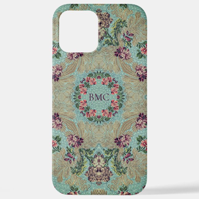 Aqua Purple Pink Floral Faux Lampas Brocade iPhone Case (Back)