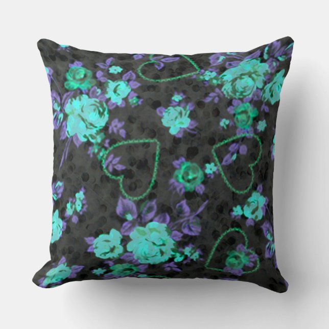 Aqua & Purple Roses Throw Pillow (Front)