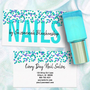 Aqua Purple Sequins Large Text NAILS Custom Business Card