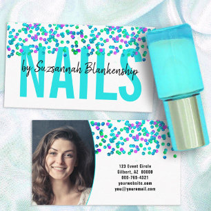 Aqua Purple Sequins Large Text NAILS Custom Business Card