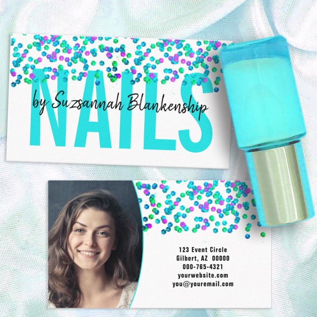 Aqua Purple Sequins Large Text NAILS Custom Business Card (Creator Uploaded)