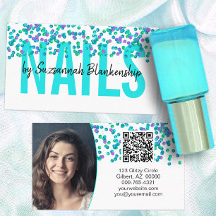 Aqua Purple Sequins Large Text NAILS QR Code Business Card