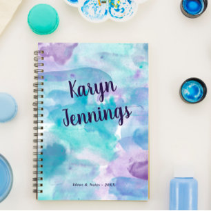 Aqua Purple Watercolor Add Name Notebook