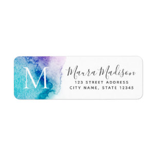 Aqua purple watercolor monogram return address