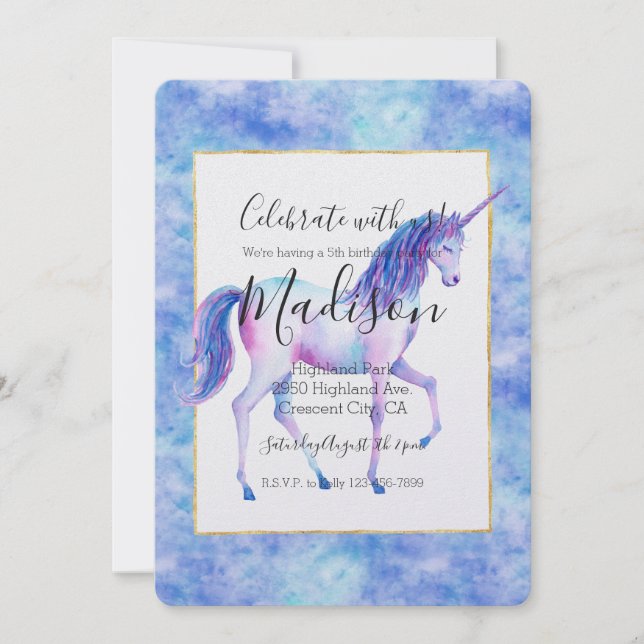 Aqua Purple White Unicorns Birthday Invitation (Front)