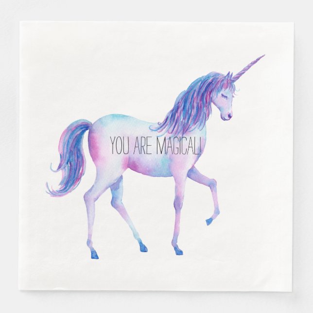 Aqua Purple White Unicorns Birthday Napkin (Front)