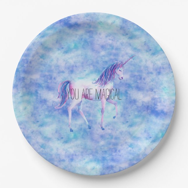 Aqua Purple White Unicorns Birthday Paper Plate (Front)