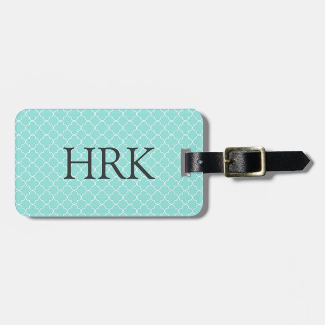 Aqua Quatrefoil Custom Monogram Luggage Tag (Front Horizontal)