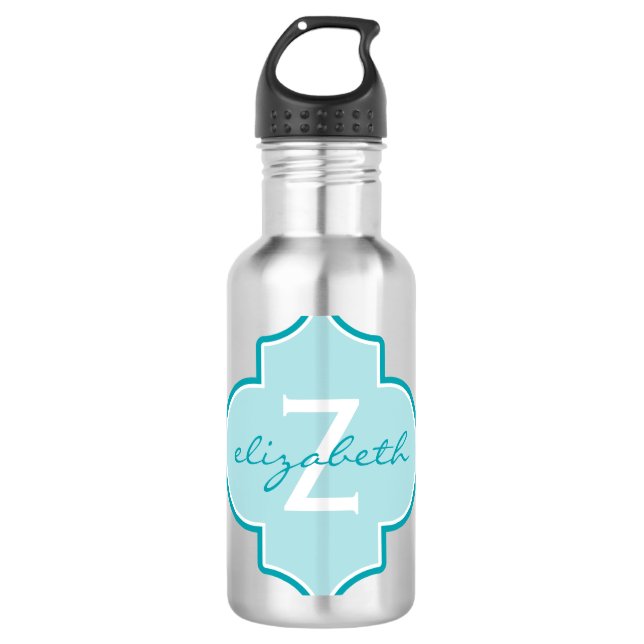 Aqua Quatrefoil Monogram 710 Ml Water Bottle (Front)