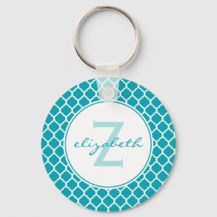 Aqua Quatrefoil Monogram Key Ring