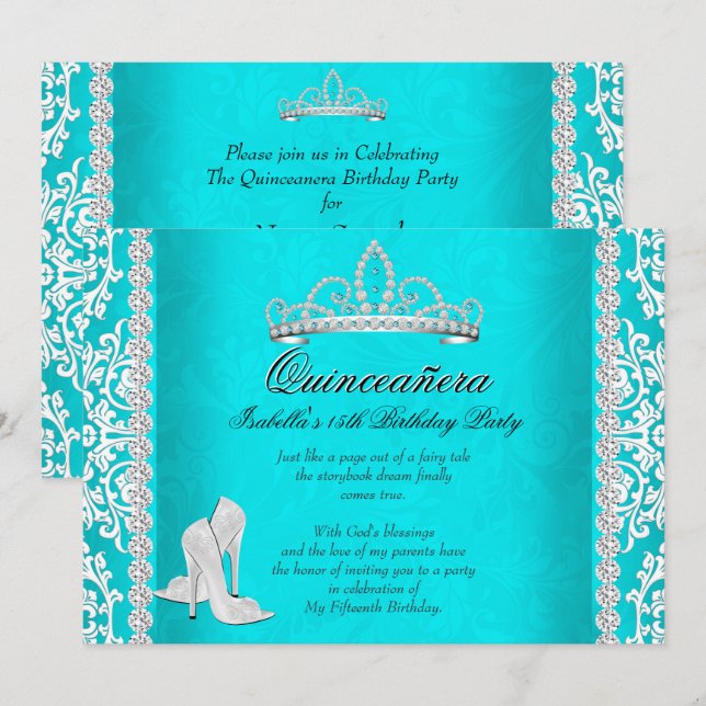 Aqua Quinceanera 15th Birthday Tiara High Heels Invitation (Front/Back)