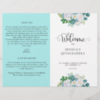 Aqua Quinceanera Program, Aqua and White Floral