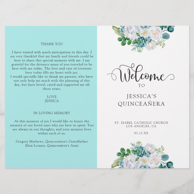 Aqua Quinceanera Program, Aqua and White Floral (Front)