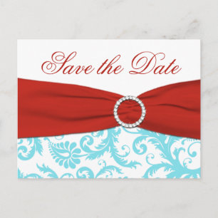 Aqua, Red, and White Damask Save the Date Postcard