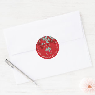 Aqua & Red Bamboo Leaves Shuang Xi Chinese Wedding Classic Round Sticker
