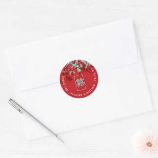 Aqua & Red Bamboo Leaves Shuang Xi Chinese Wedding Classic Round Sticker