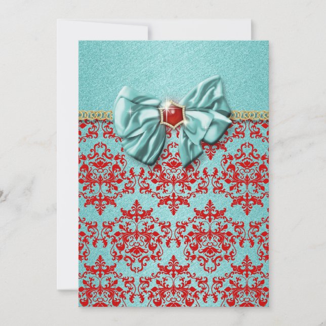 Aqua red damask formal engagement invitation (Front)