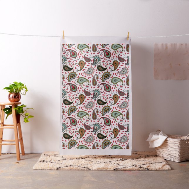 Aqua Red Gold Beautiful Paisley Large Repeat Fabric (In Situ)