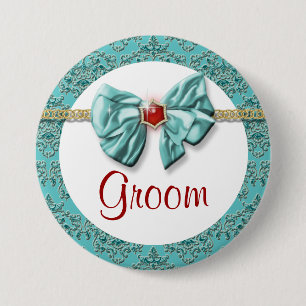 Aqua red gold damask "bridal buttons" 7.5 cm round badge