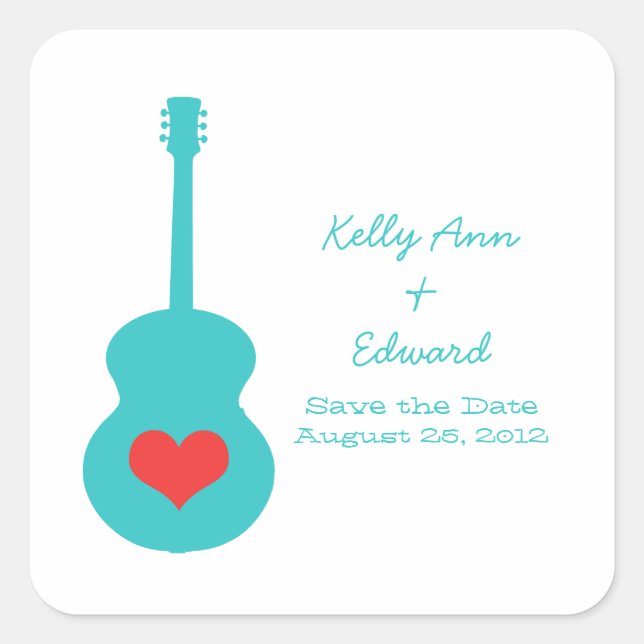 Aqua/Red Guitar Heart Save the Date Stickers (Front)