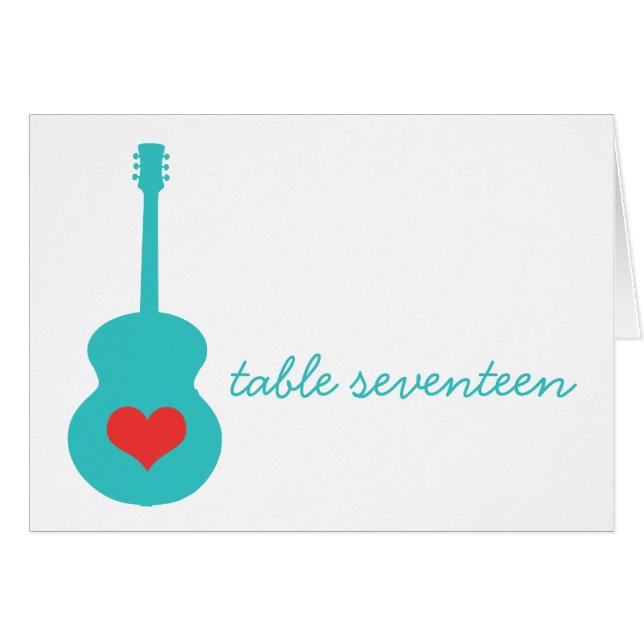 Aqua/Red Guitar Heart Table Number Card (Front Horizontal)