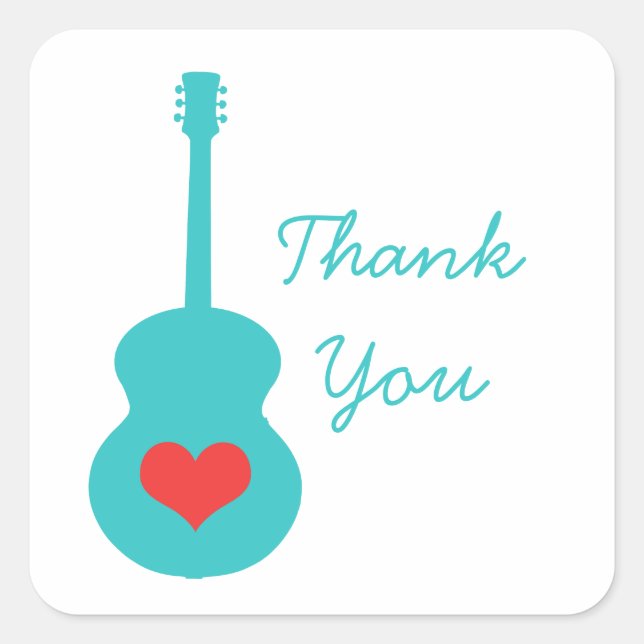Aqua/Red Guitar Heart Thank You Stickers (Front)
