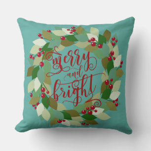 Aqua & Red   Merry & Bright   Holiday Wreath Cushion