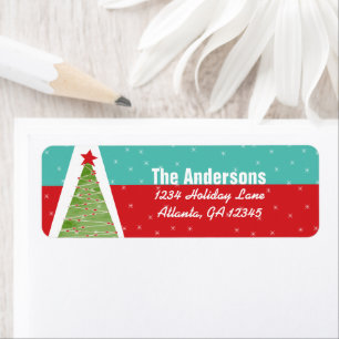 Aqua Red Retro Green Christmas Tree Return Address