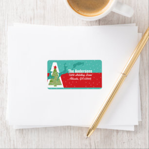 Aqua Red Retro Green Reindeer Tree Return Address Label