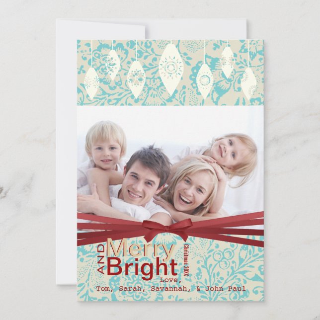Aqua Red Retro Merry and Bright Family Photo Card (Front)