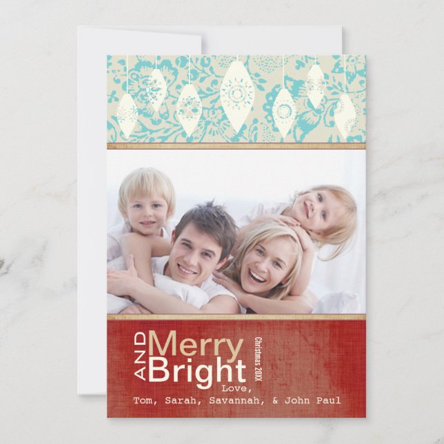 Aqua Red Retro Merry and Bright Family Photo Card (Front)