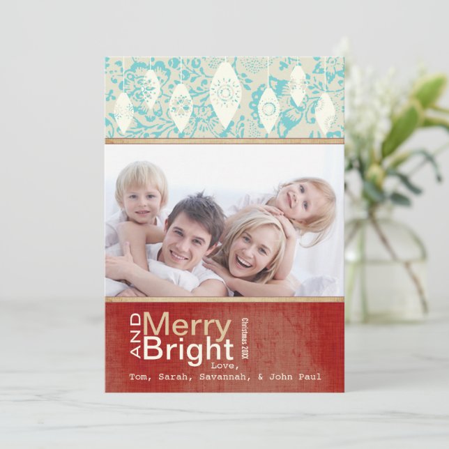 Aqua Red Retro Merry and Bright Family Photo Card (Standing Front)