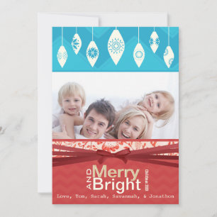 Aqua Red Retro Merry and Bright Family Photo Card