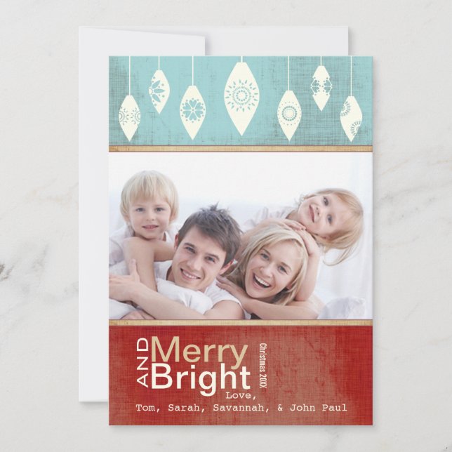 Aqua Red Retro Merry and Bright Family Photo Card (Front)