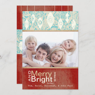 Aqua Red Retro Merry and Bright Family Photo Card
