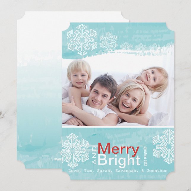 Aqua Red Snowflake Merry Bright Family Photo Card (Front/Back)