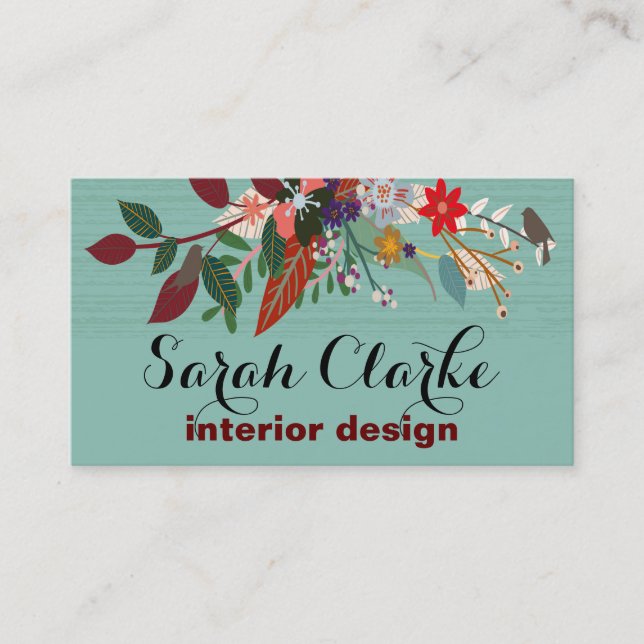 Aqua Red Vintage Floral Pattern Business Card (Front)