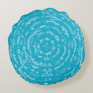 Aqua Reversible to Grey Floral Garland Pattern Round Cushion