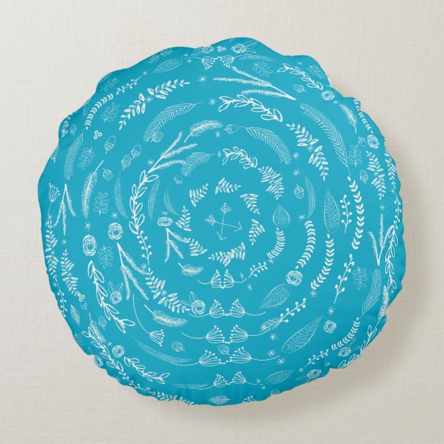 Aqua Reversible to Grey Floral Garland Pattern Round Cushion (Back)