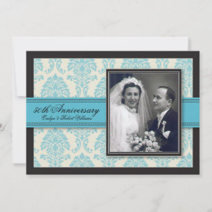 Aqua Ribbon Damask Anniversary Party Invitation