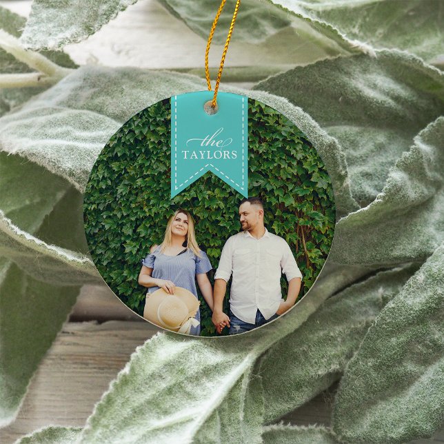 Aqua Ribbon | Holiday Photo Ceramic Tree Decoration (Creator Uploaded)