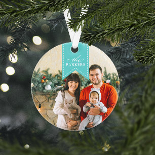 Aqua Ribbon   Personalized Holiday Photo Ornament