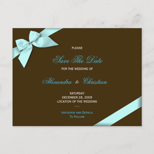Aqua Ribbon Wedding Save the Date 4 Announcement Postcard (Front)