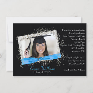 Aqua Ribbon with Glitter Graduation Invitation