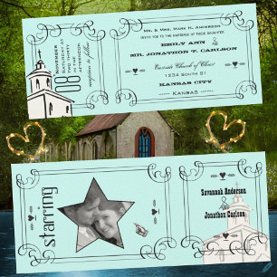 Aqua Romantic Chapel Ticket Wedding Invitation